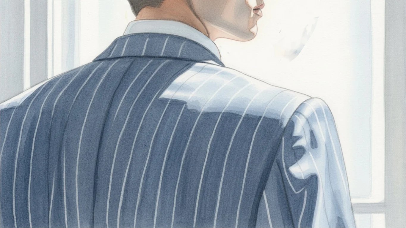 Una ilustración de espaldas, en tres cuartos, de una persona de hombros anchos con traje de raya diplomática.
