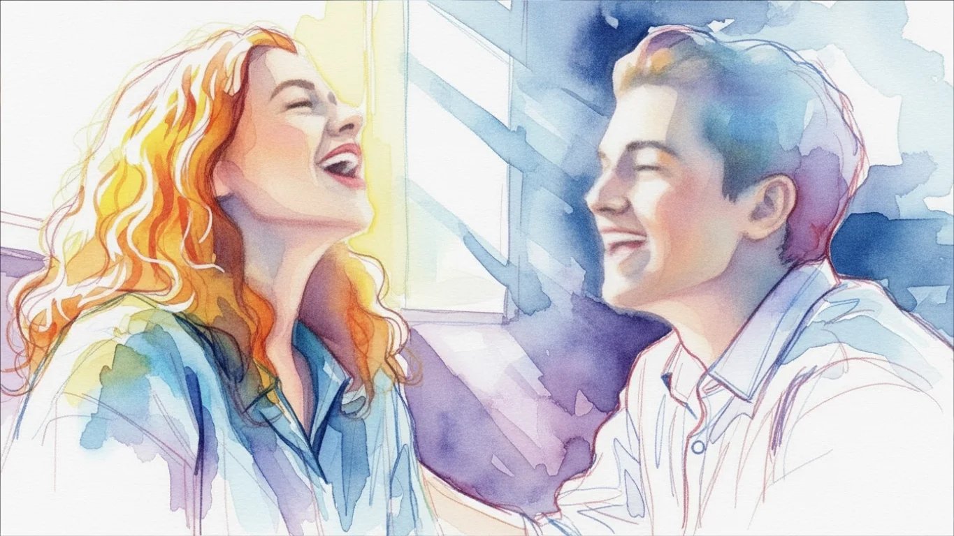 Una ilustración estilo acuarela de dos personas frente a frente, riendo.