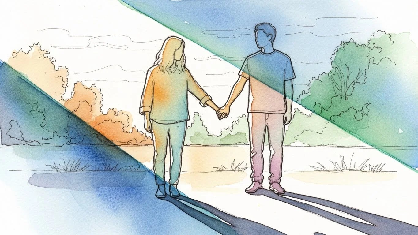 Una ilustración de dos personas que se alejan tomadas de la mano en un paisaje abierto.