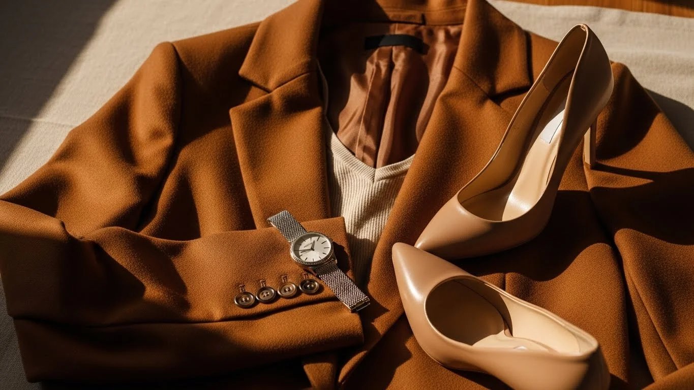 Un conjunto coordinado extendido: un saco café entallado, una blusa, tacones de punta y un reloj de pulsera.