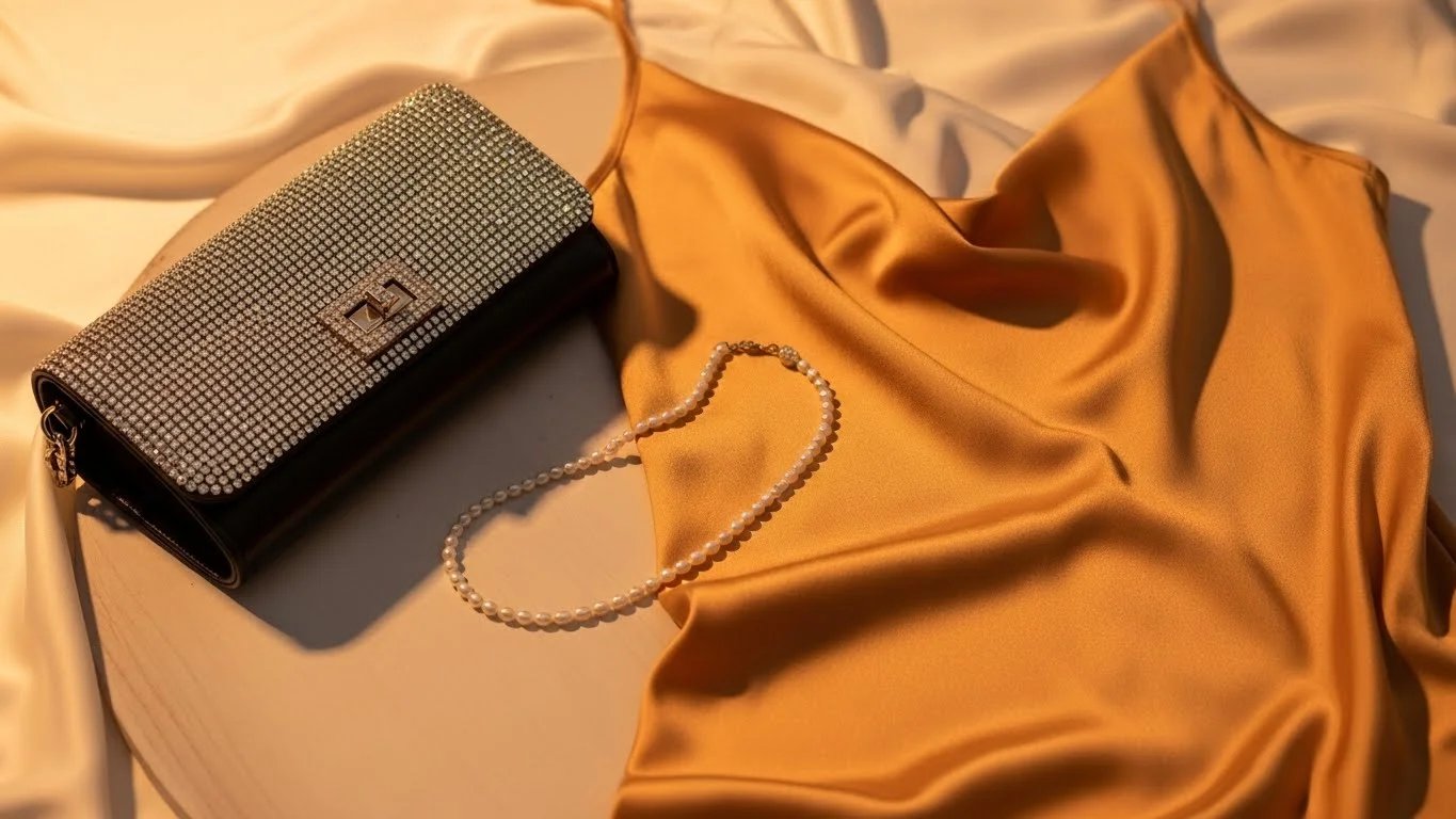 Una prenda de satén dorado drapeado junto a un bolso de mano y joyas delicadas.