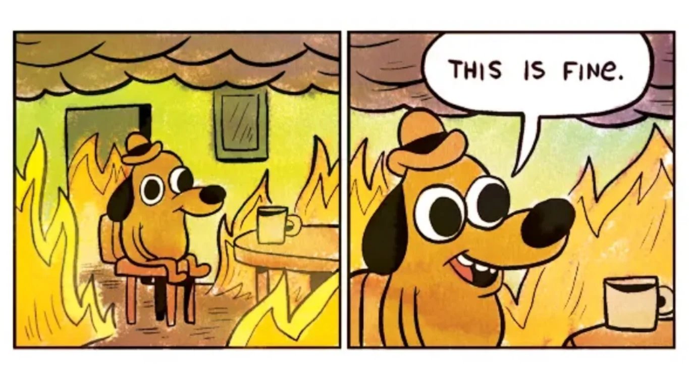 Una caricatura de dos viñetas de un perro sentado en una habitación en llamas que dice 'THIS IS FINE.'