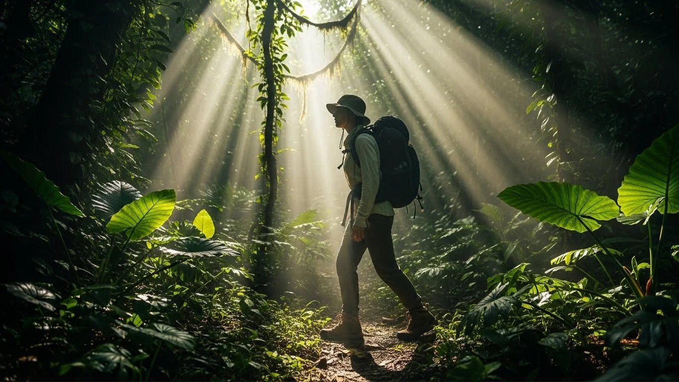 Una persona con mochila caminando por un bosque verde y espeso bajo rayos de sol. La imagen muestra una caminata por el bosque, no una cima de montaña visible.