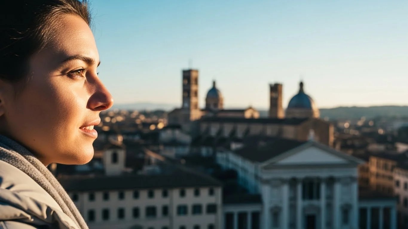 Una persona contemplando el horizonte de una ciudad desde un mirador elevado.