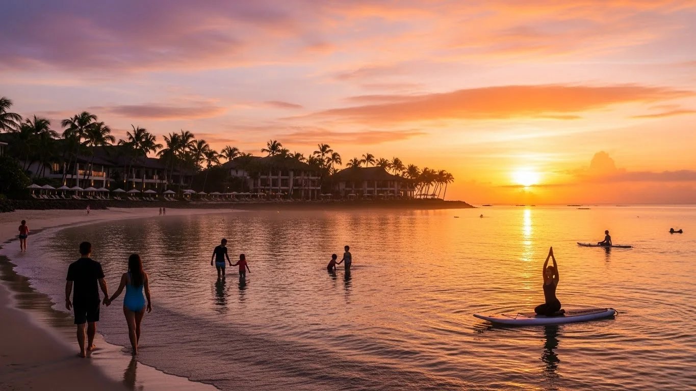 Una playa tropical al atardecer, con gente en la orilla y alguien remando de pie sobre una tabla.