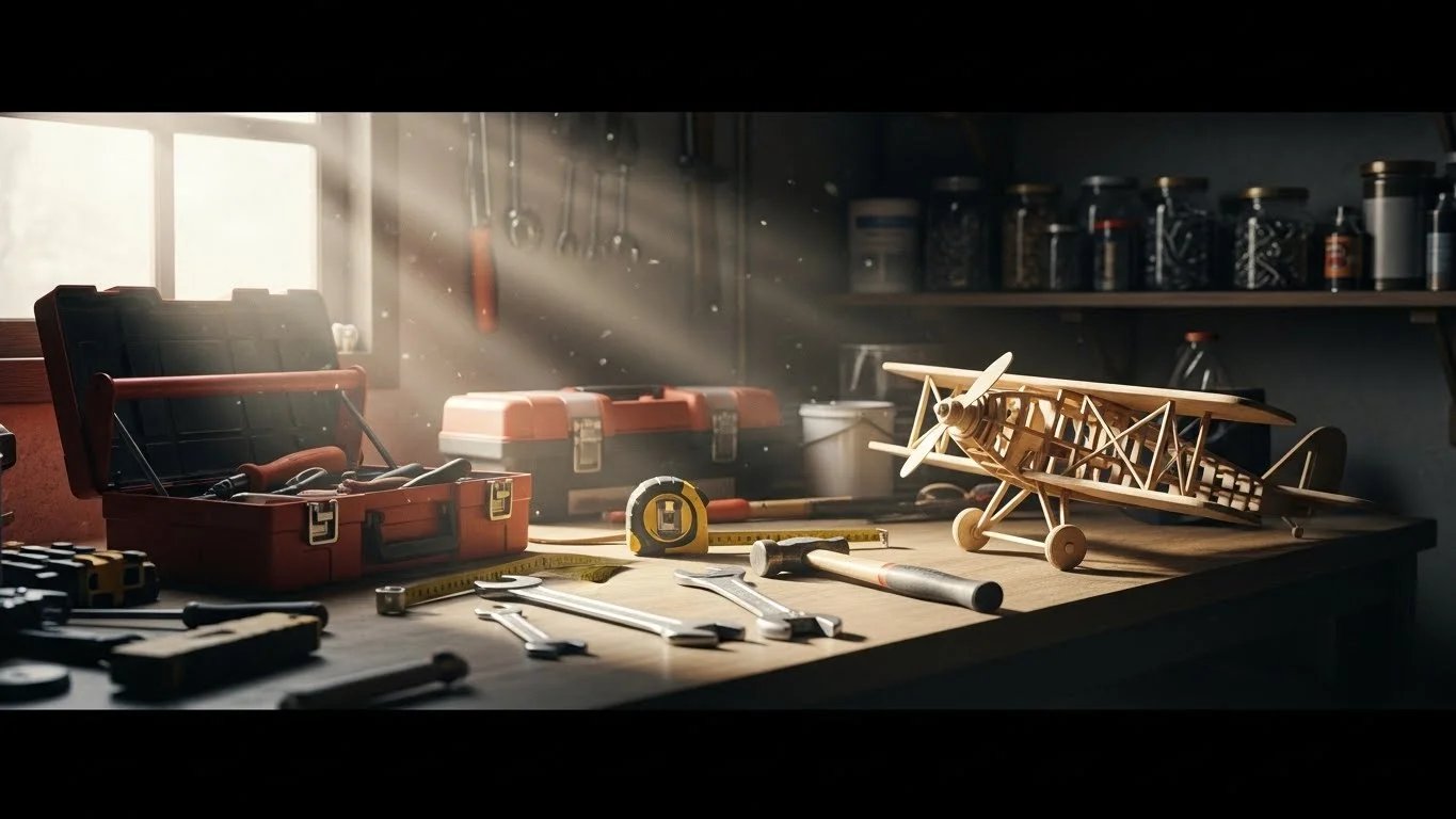 Un banco de trabajo bañado de sol, cubierto de herramientas, madera y una pequeña estructura de madera a medio construir.