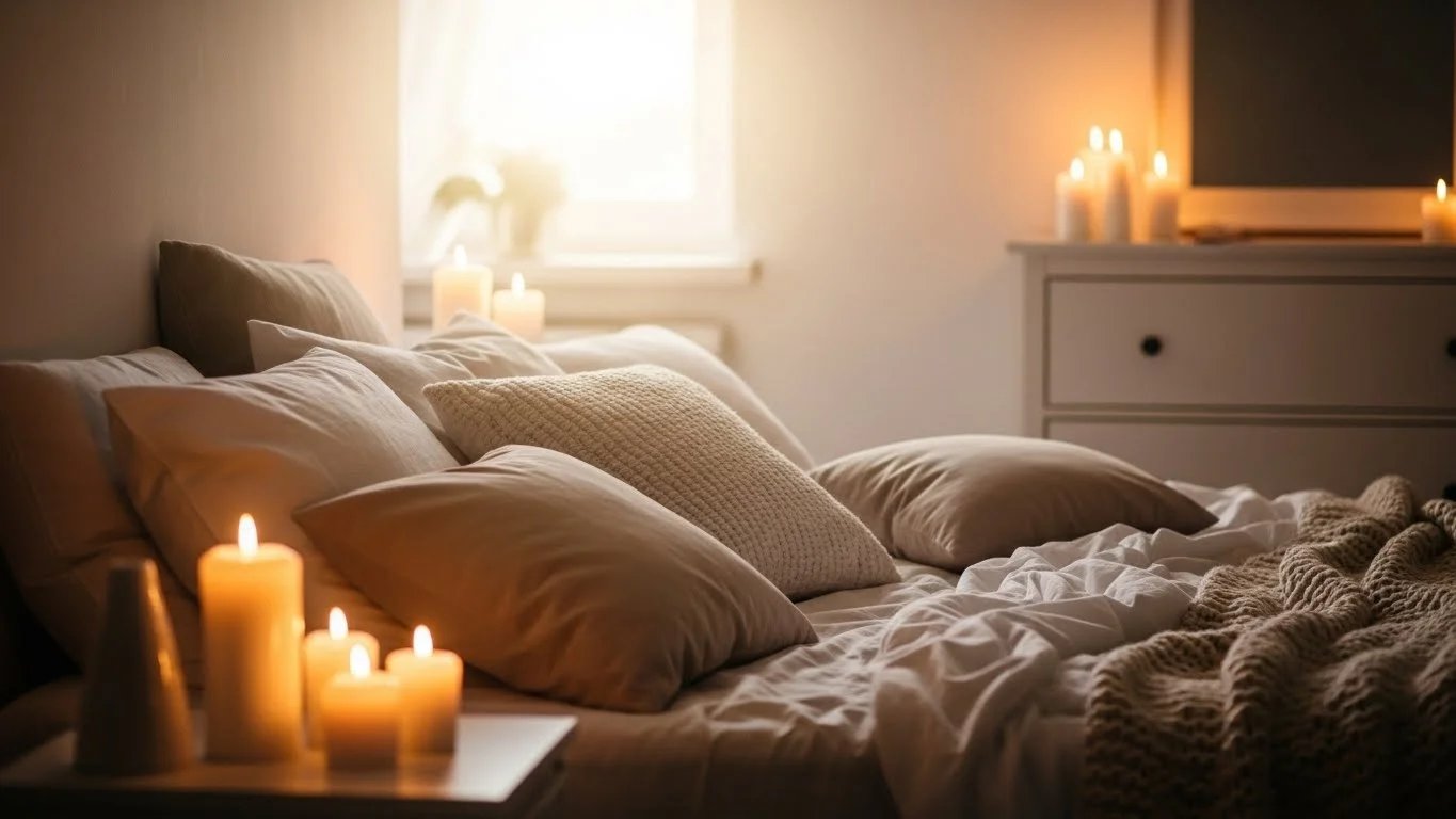 Una cama llena de almohadas y mantas con textura, con velas encendidas cerca.