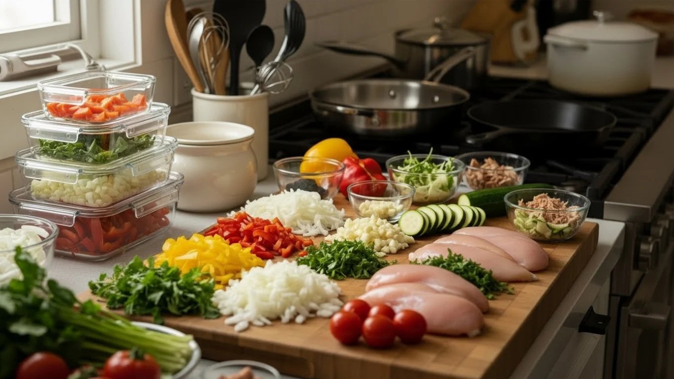 Una barra de cocina con verduras picadas, ingredientes cocidos y recipientes de comida apilados.