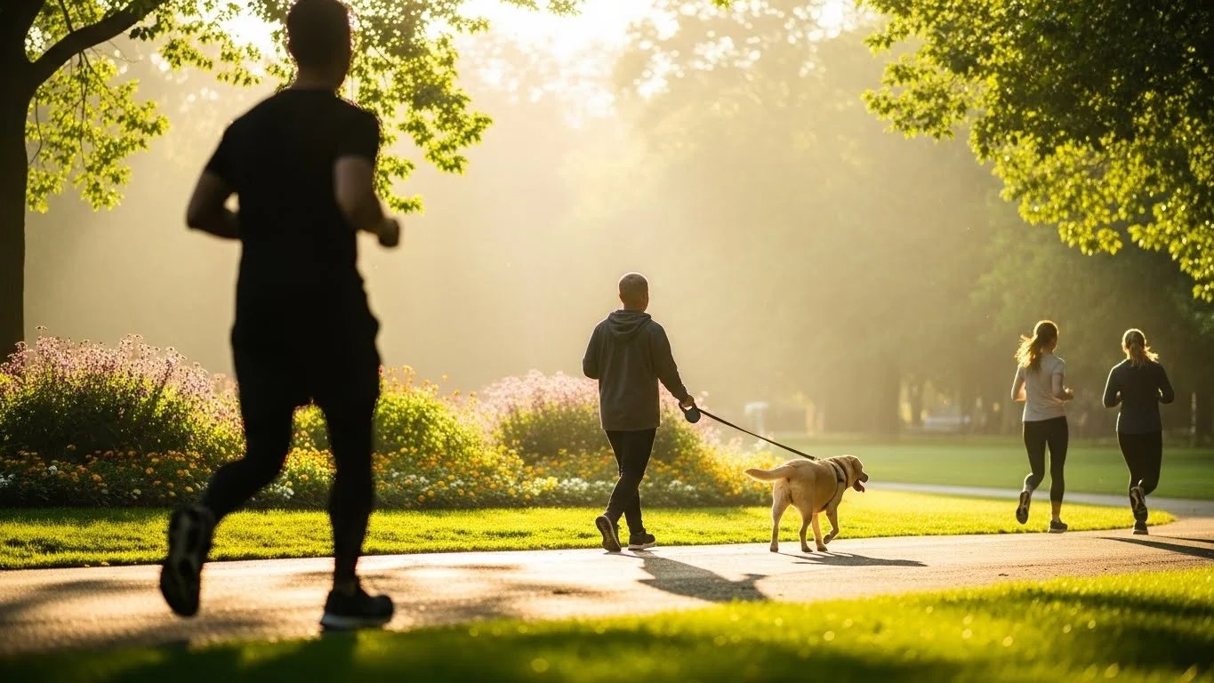 Gente trotando y paseando a un perro en un parque verde y soleado.