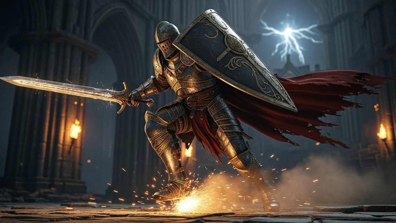 Una figura guerrera de fantasía, con armadura, que avanza con un gran escudo y una espada entre chispas.