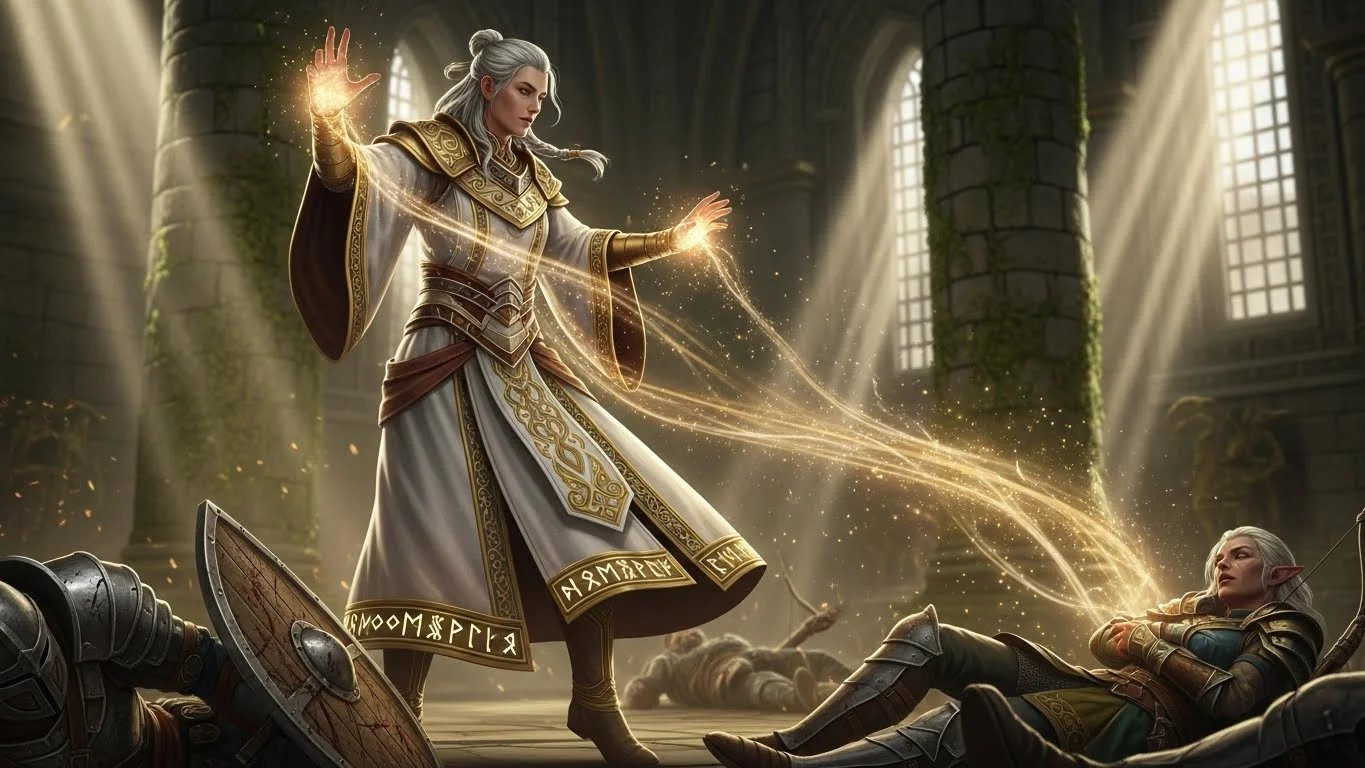 Una figura sanadora de fantasía, con túnica, que extiende una magia dorada y luminosa hacia una persona tendida en el suelo.