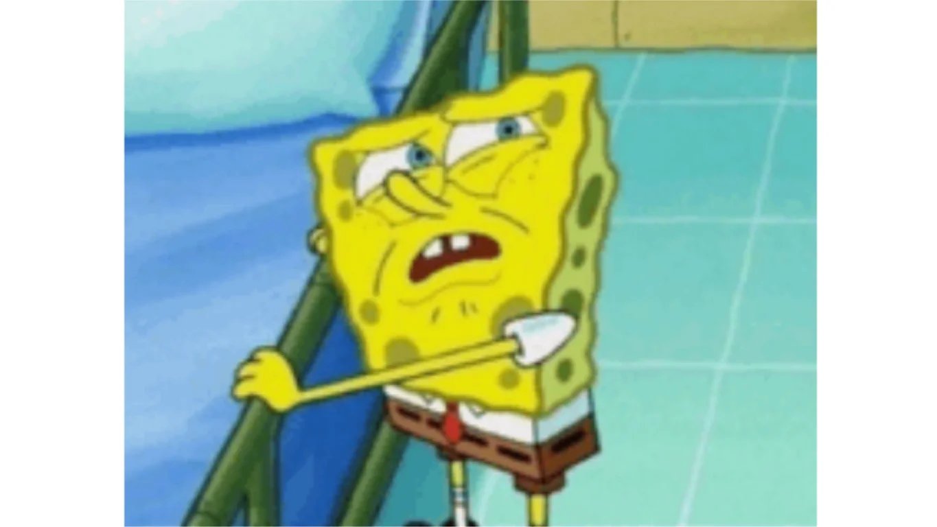 Una imagen caricaturesca de Bob Esponja con los ojos entrecerrados y expresión irritada.
