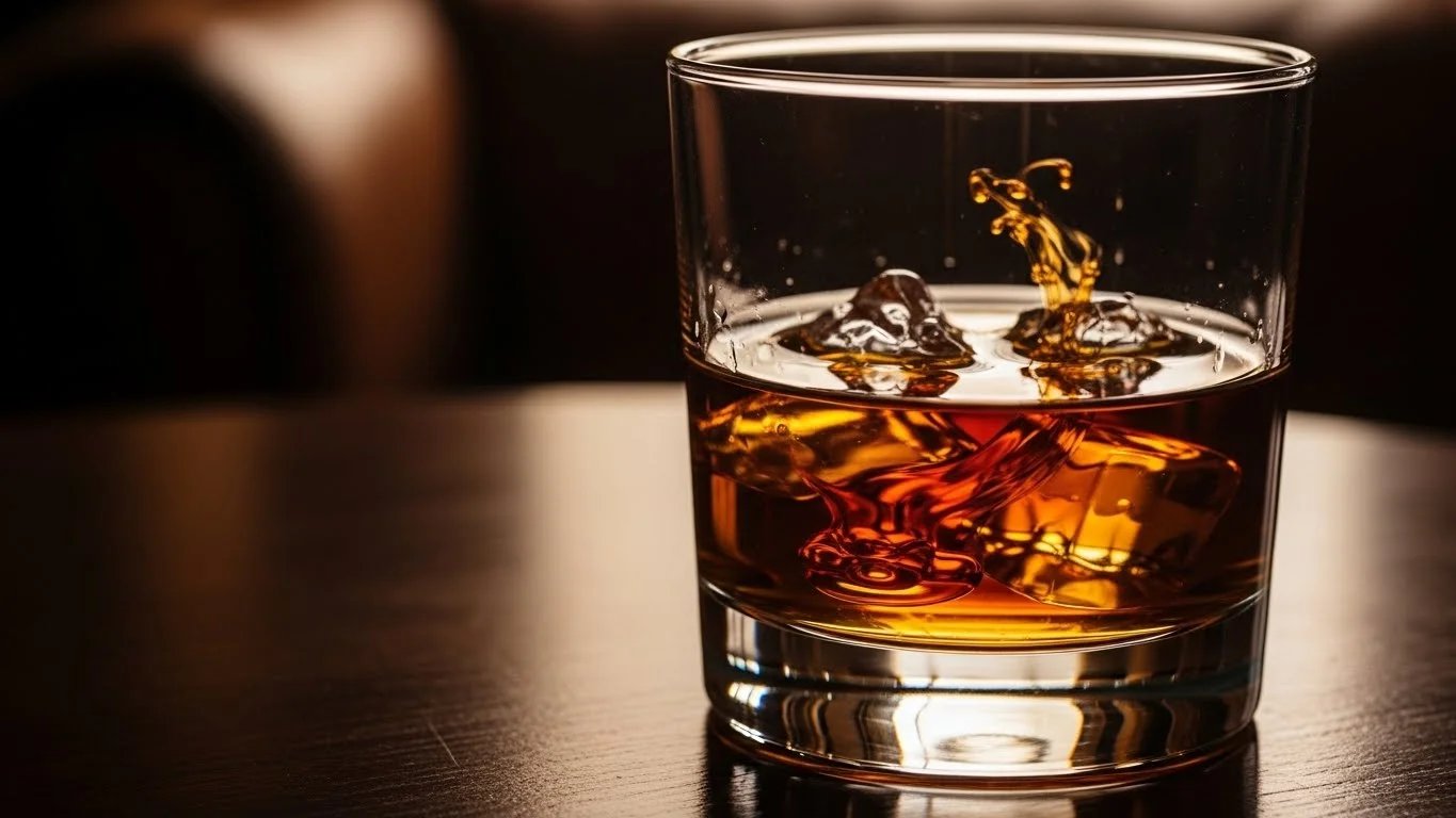 Una bebida ámbar salpicando sobre hielo en un vaso corto, sobre una mesa oscura.