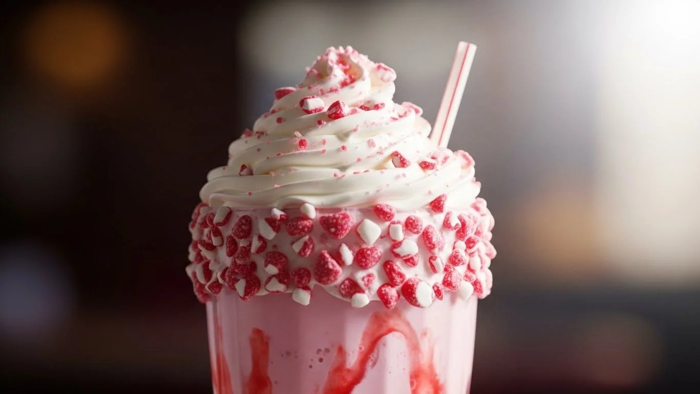 Una malteada rosa con crema batida, decoraciones rosas y un popote.