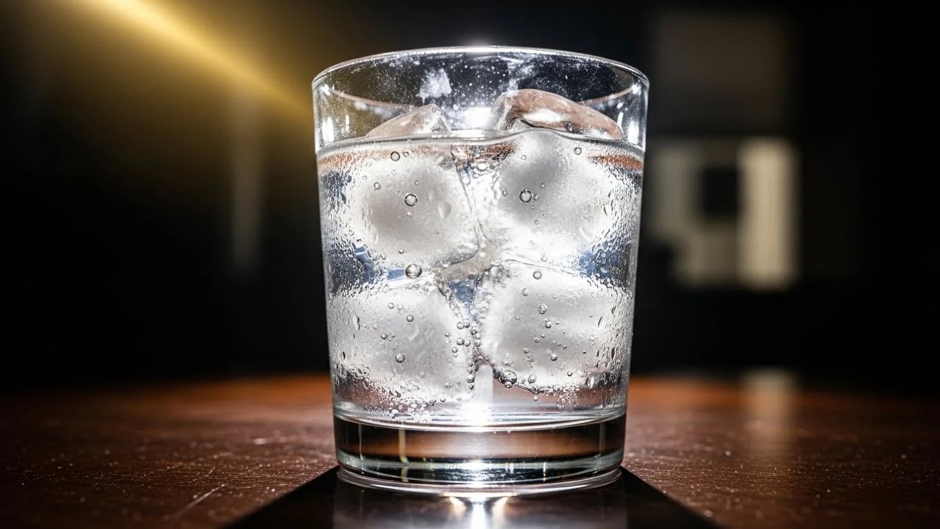 Un vaso transparente de agua con cubos de hielo.