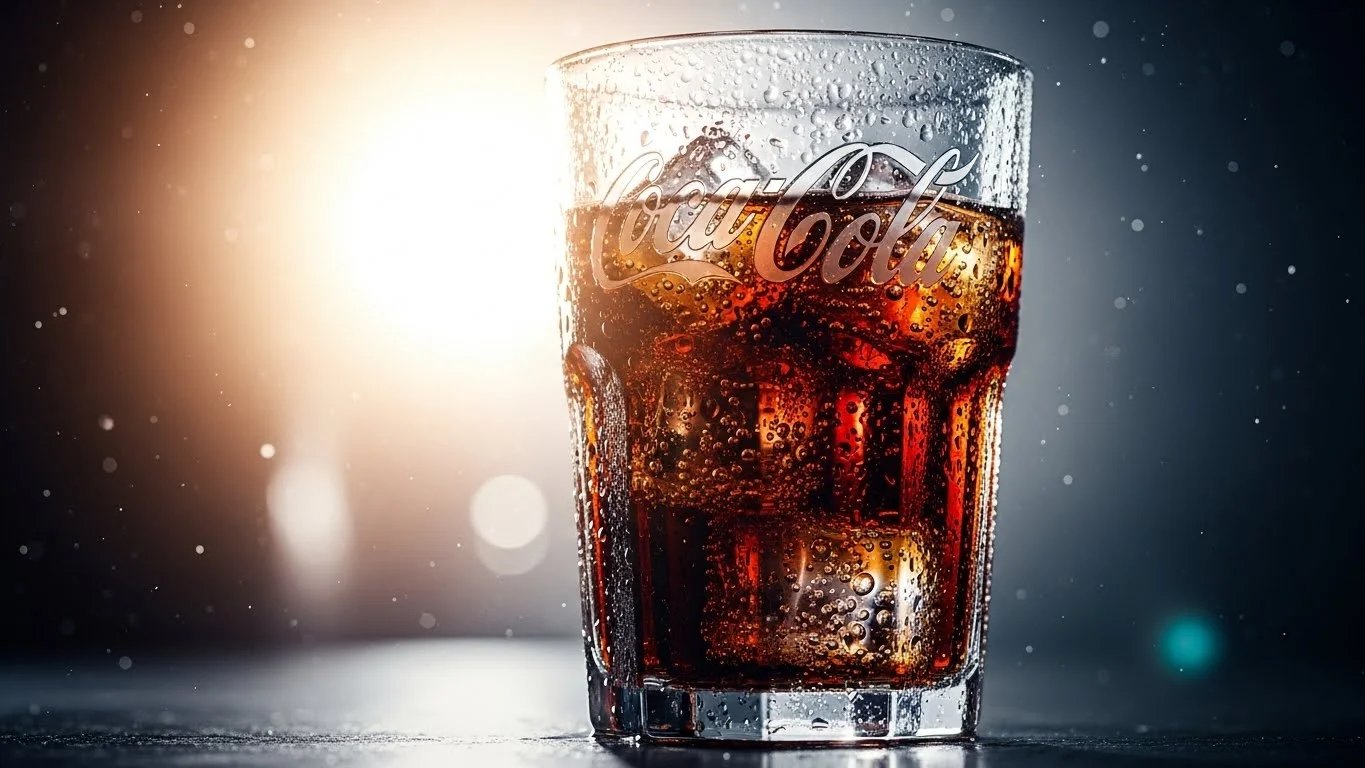 Un vaso de refresco de cola oscuro y burbujeante, con hielo y gotas de condensación.