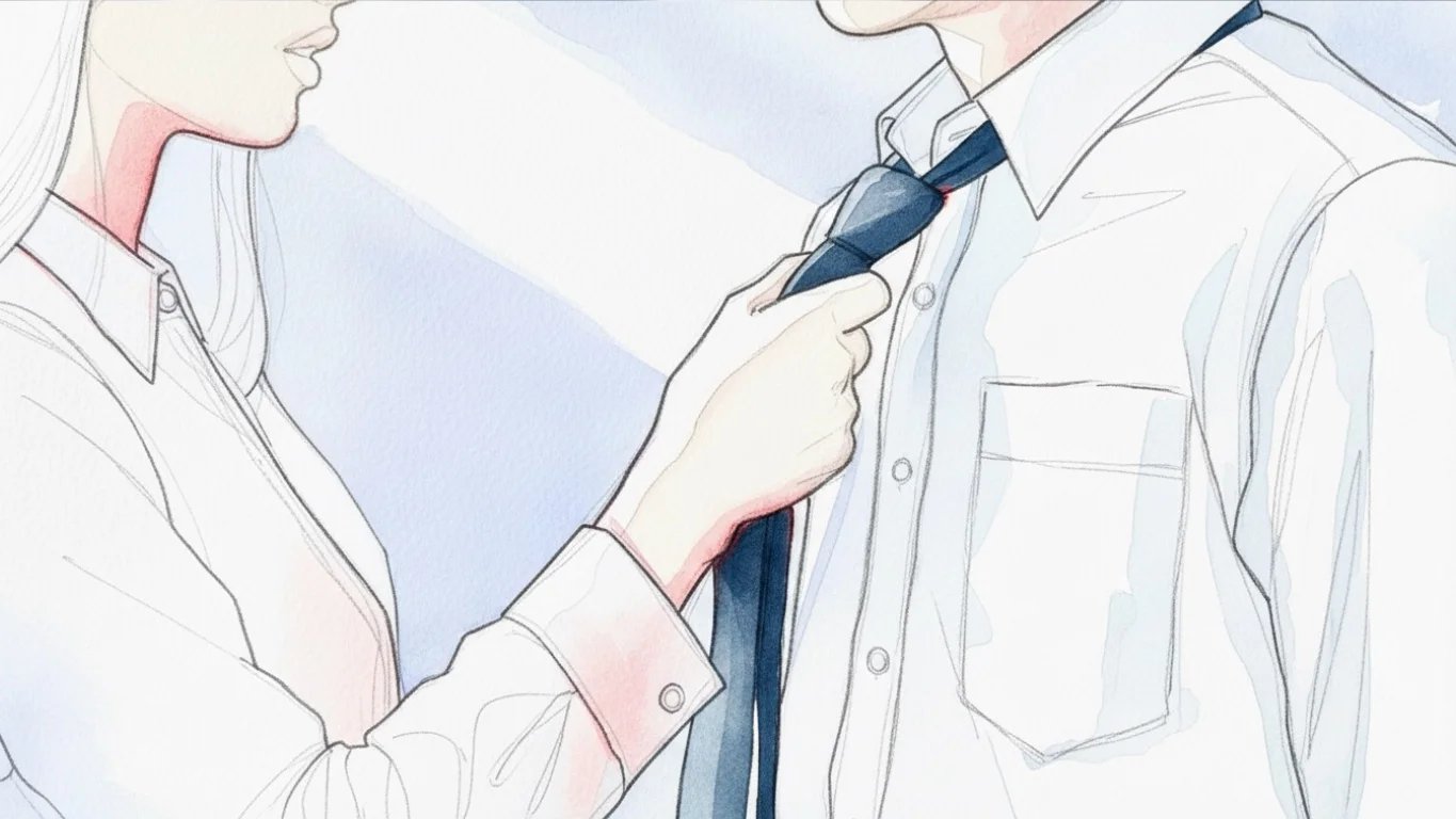 Un primer plano estilo acuarela de una persona que sujeta la corbata de otra cerca del cuello.