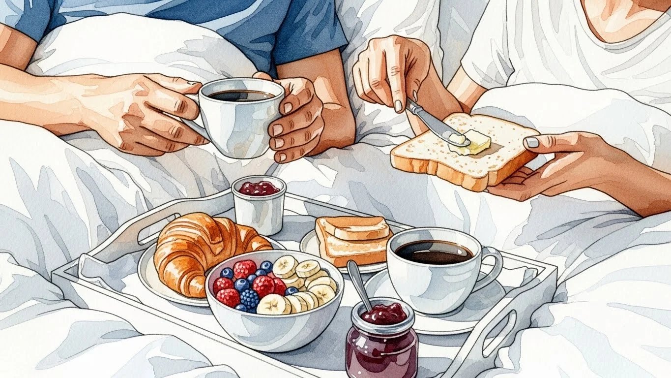 Una ilustración de dos personas desayunando en la cama, con café, pan tostado, fruta y una bandeja.