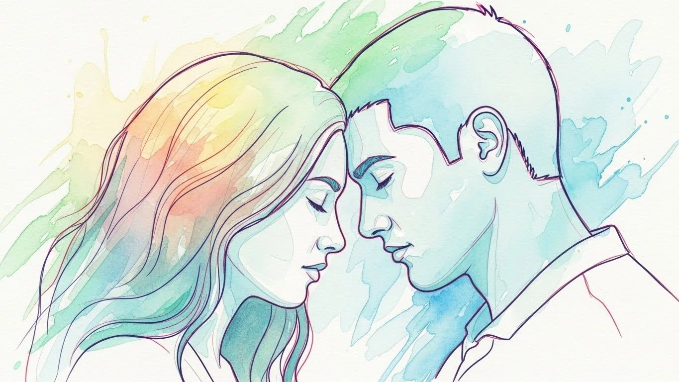 Un primer plano estilo acuarela de dos personas que juntan sus frentes con los ojos cerrados.