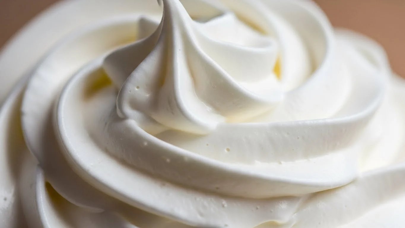 Un primer plano de un remolino de crema batida blanca.