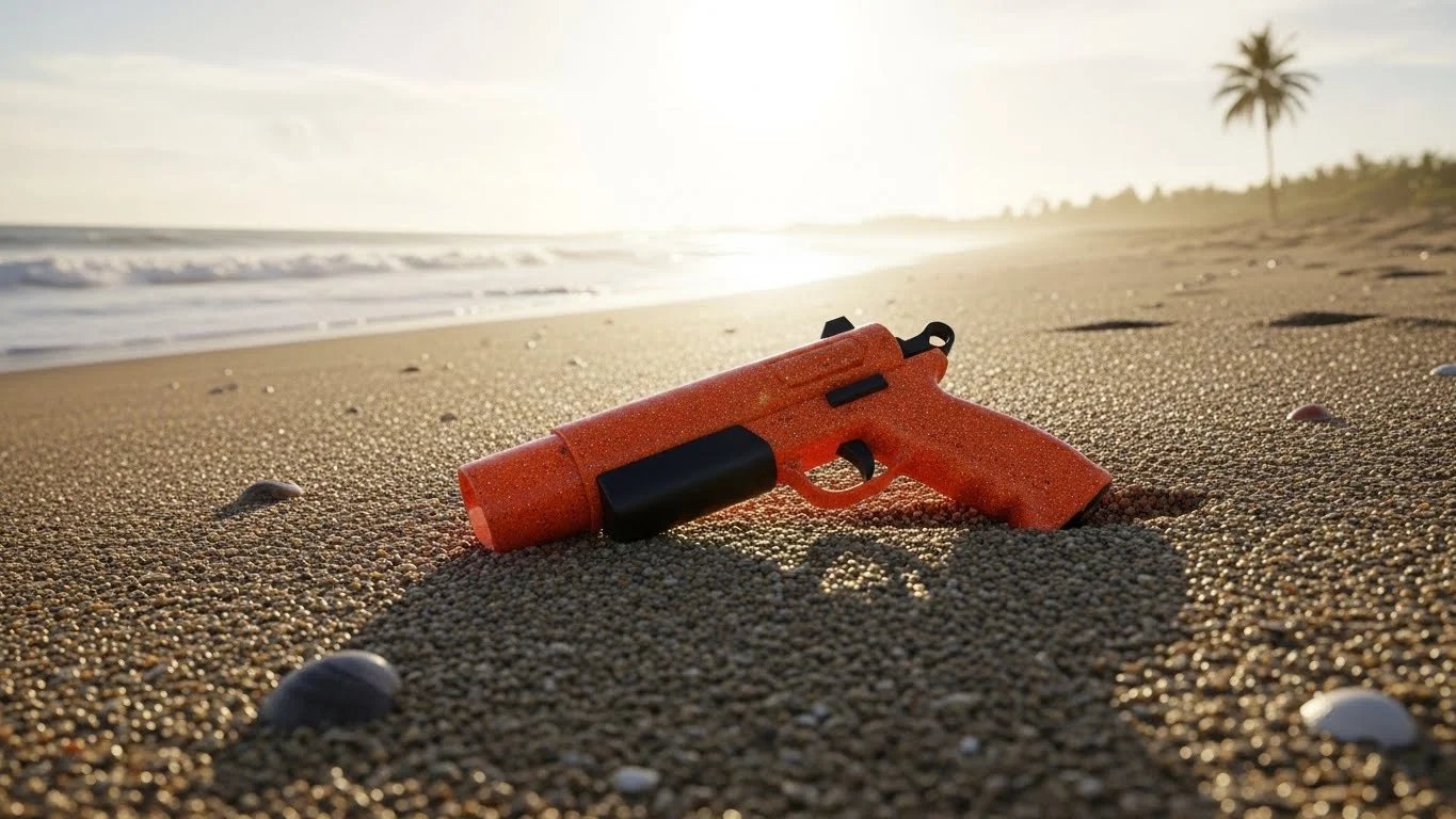 Una pistola de bengalas naranja sobre una playa de arena.