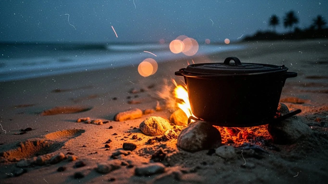Una olla oscura con tapa sobre una fogata en la playa al anochecer.