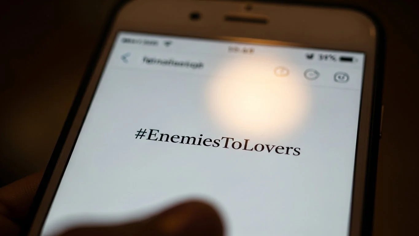 Una pantalla de celular que muestra '#EnemiesToLovers'.
