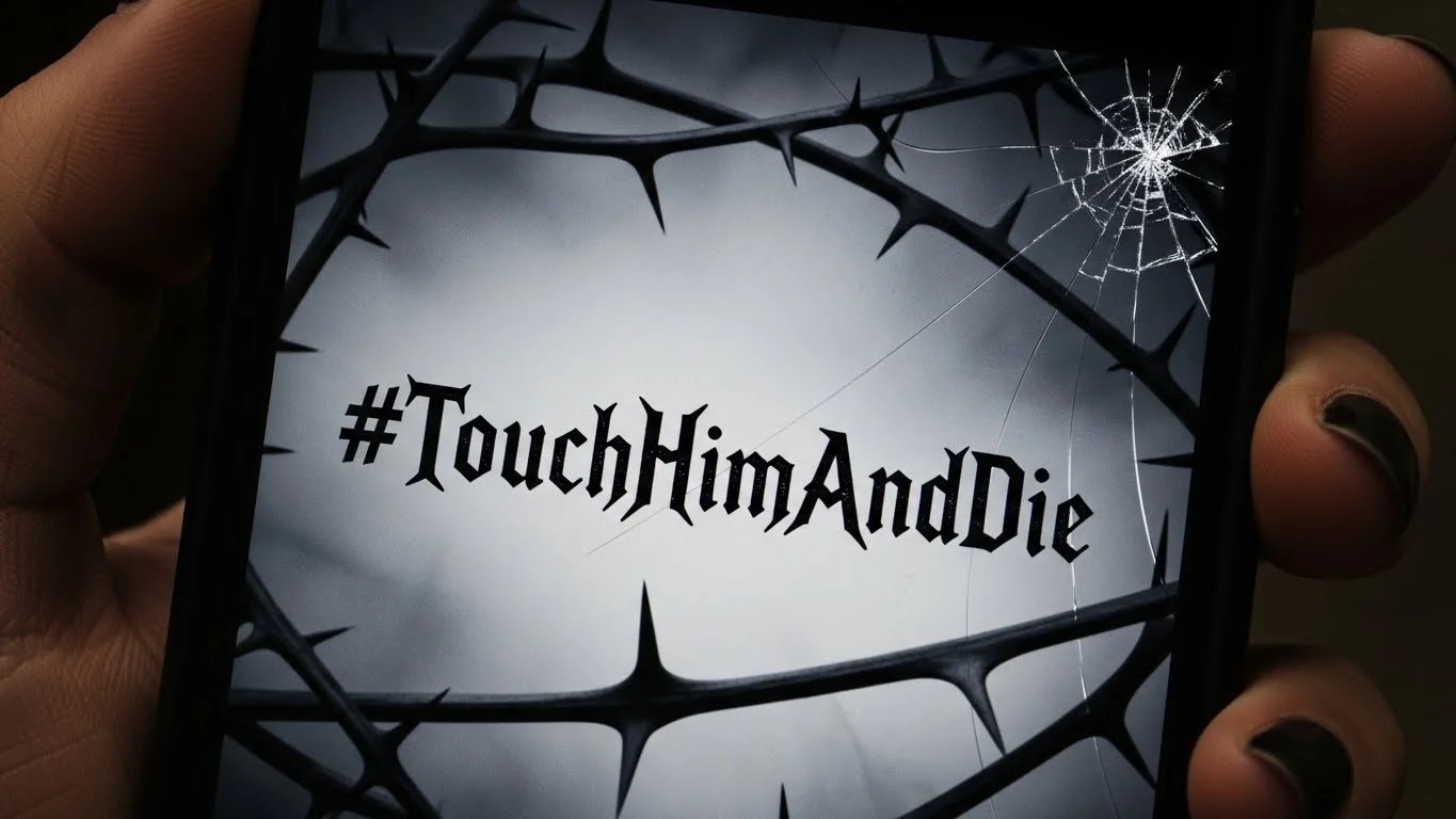 Una pantalla portátil que muestra '#TouchHimAndDie' rodeada de gráficos oscuros como espinas.