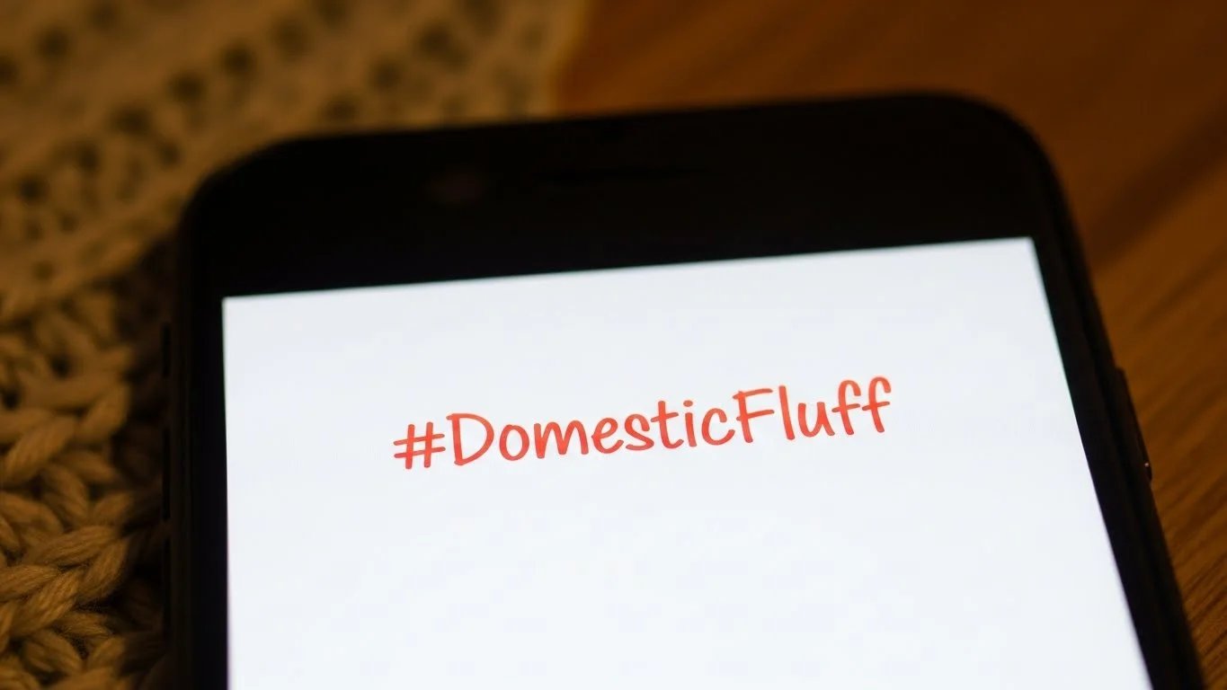 Una pantalla que muestra '#DomesticFluff' en letras rosa rojizo sobre un fondo claro.
