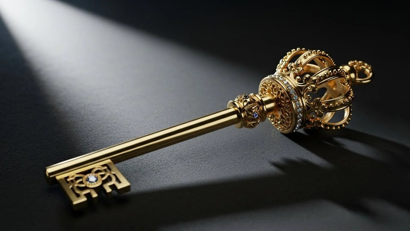 Una llave dorada ornamentada con un ojo en forma de corona, sobre una superficie oscura bajo un haz de luz.