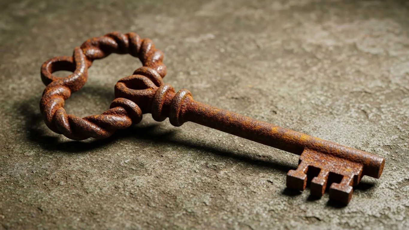 Una llave de hierro oxidada con un ojo circular grueso y retorcido, sobre una superficie áspera.