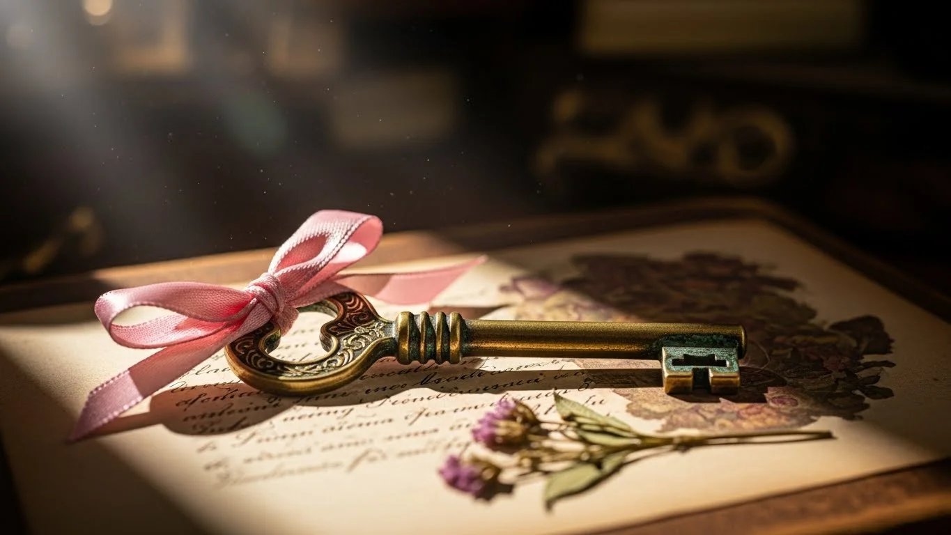 Una llave de estilo antiguo con un listón rosa, sobre un papel escrito a mano junto a flores prensadas.