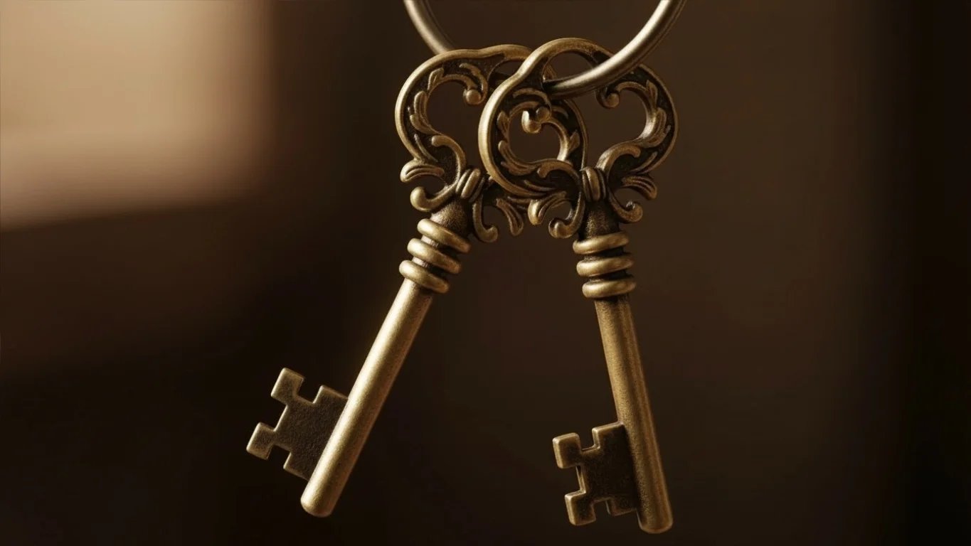 Dos llaves ornamentadas que cuelgan juntas, con sus ojos decorativos entrelazados.